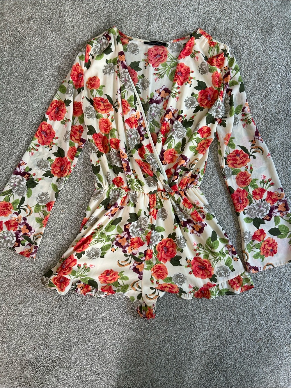 Honey Punch Floral Wrap Romper - Cream with Floral Print